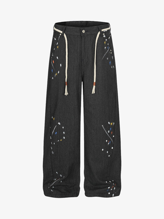 Street Contrast Artistic Graffiti Drawstring Jeans 