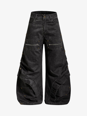 Pleated Panel Curved Leg Cargo Cotton Pants 