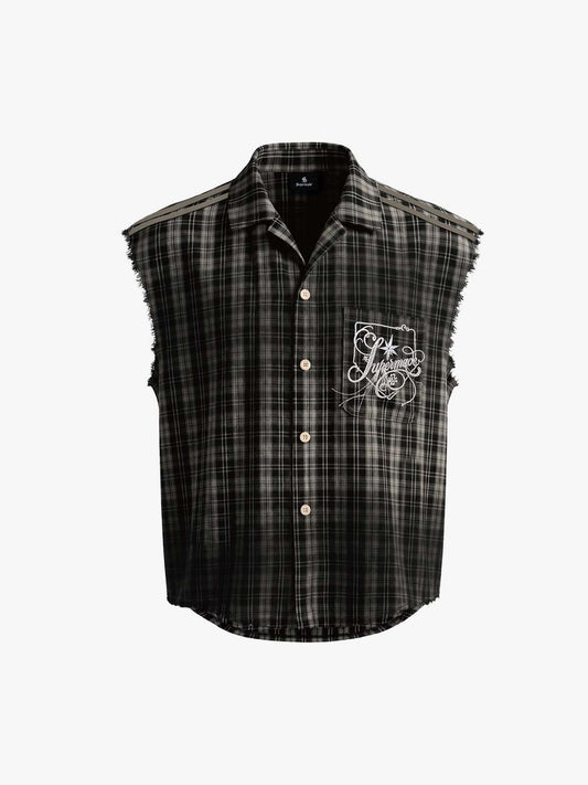 Vintage Punk Distressed Plaid Sleeveless Shirt - 2629 
