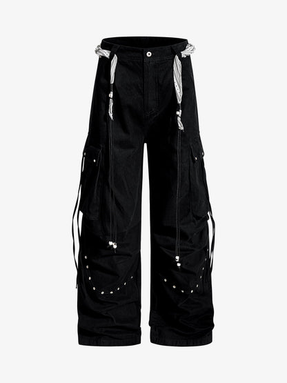 Bandana Waist Strap Multi-Pocket Cotton Cargo Pants 
