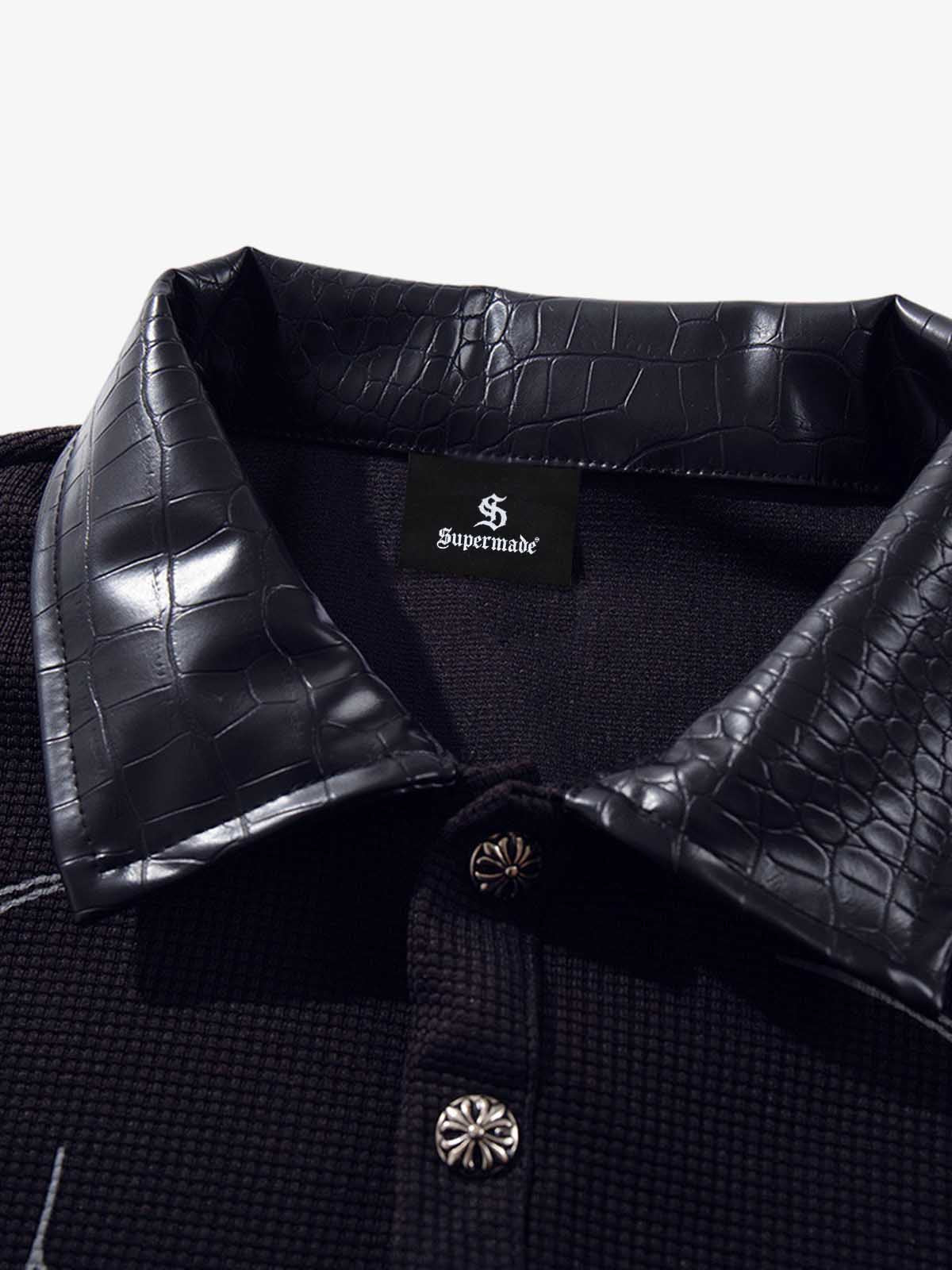 Gothic Text Print Leather Patchwork Polo T-Shirt 