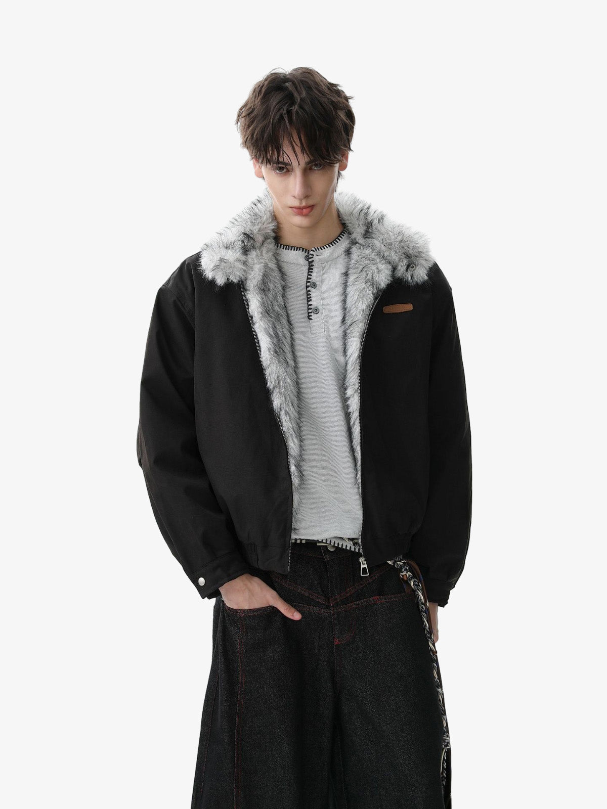 Vintage Stand Collar Fur Lined Bomber Jacket 