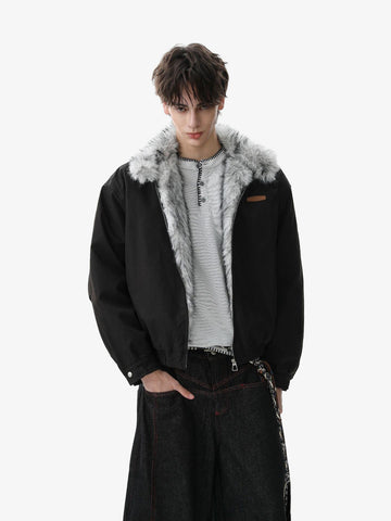 Vintage Stand Collar Fur Lined Bomber Jacket 