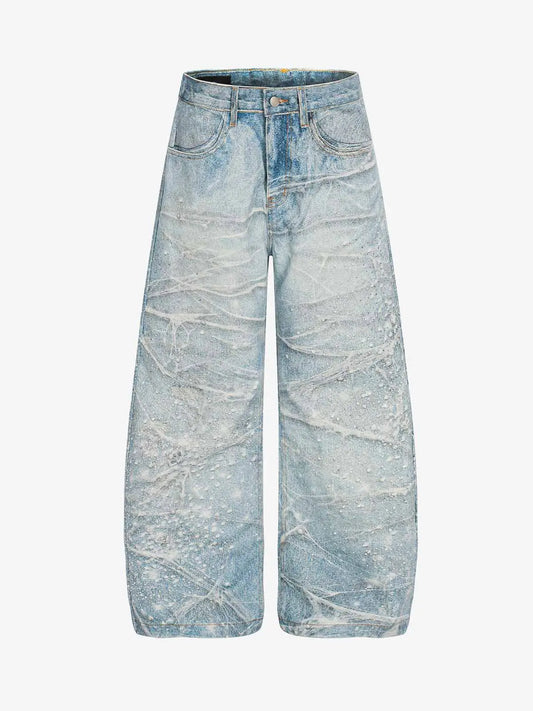 Vintage Washed Rhinestone Wide Leg Denim Jeans 