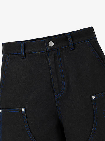 Black Utility Denim Shorts with Blue Embroidery