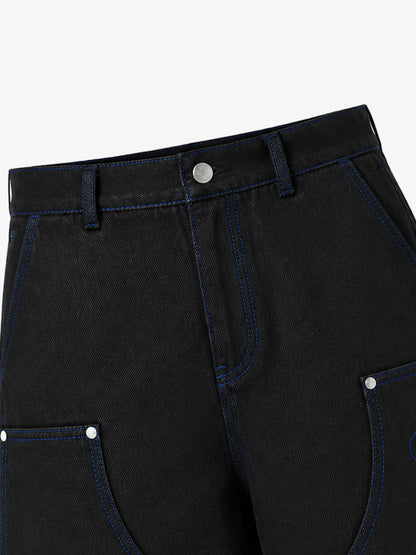 Black Utility Denim Shorts with Blue Embroidery