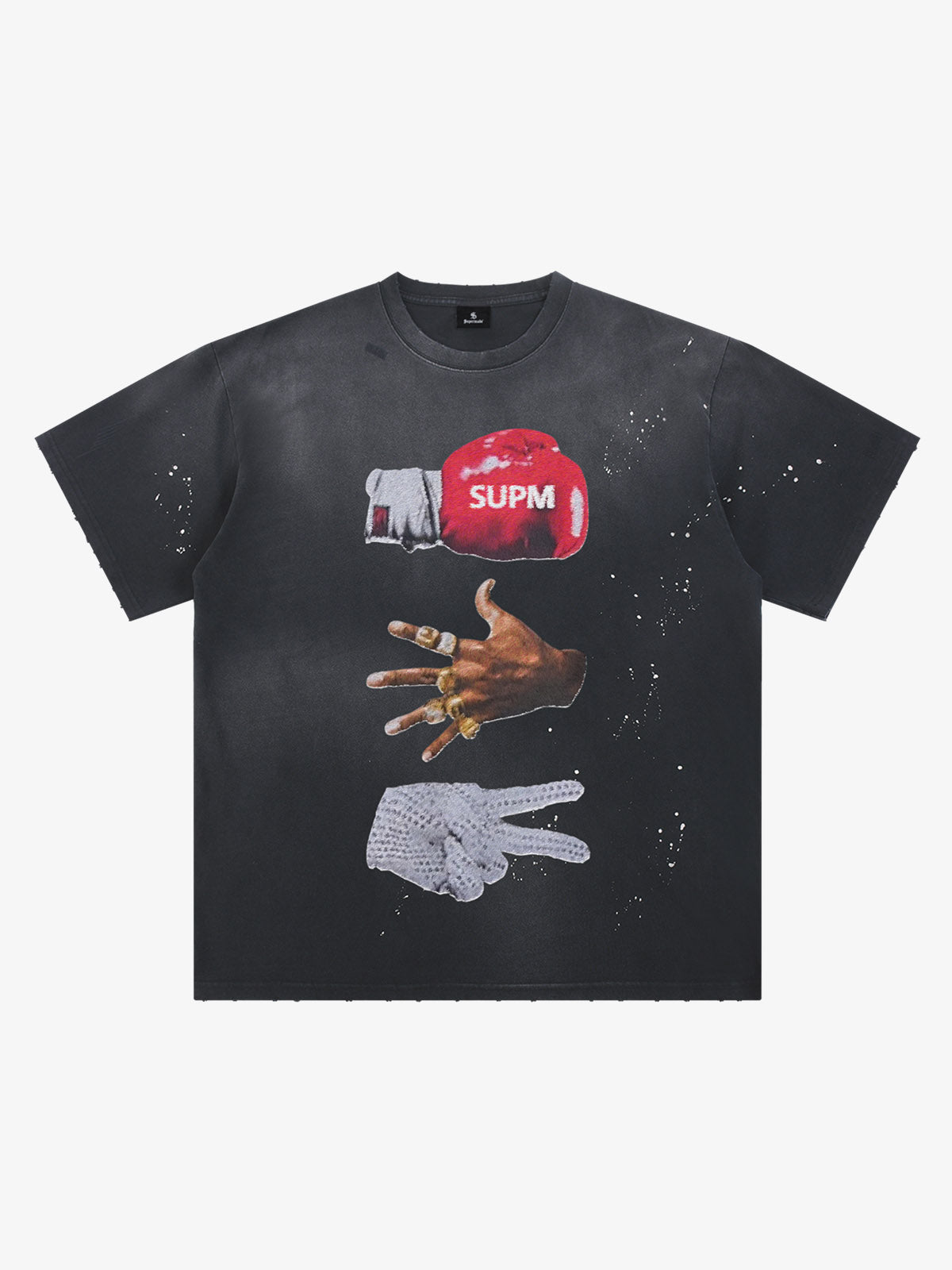 Black Distressed Graphic Tee with Boxing Glove Print – Oversized Streetwear T-Shirt