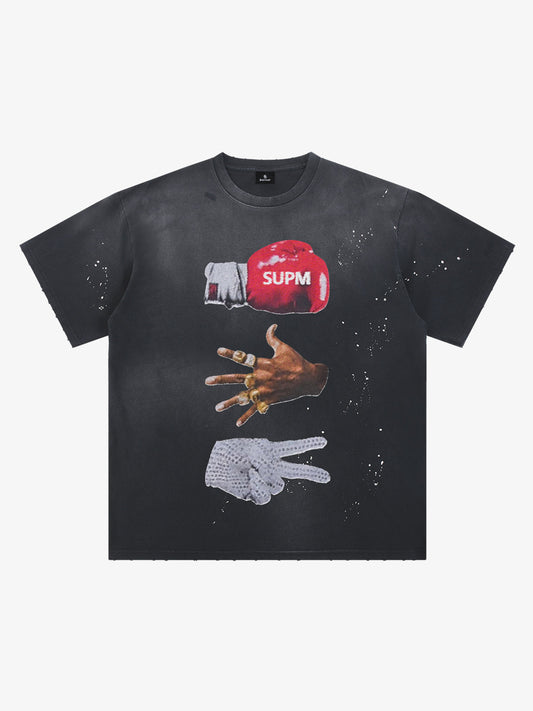 Black Distressed Graphic Tee with Boxing Glove Print