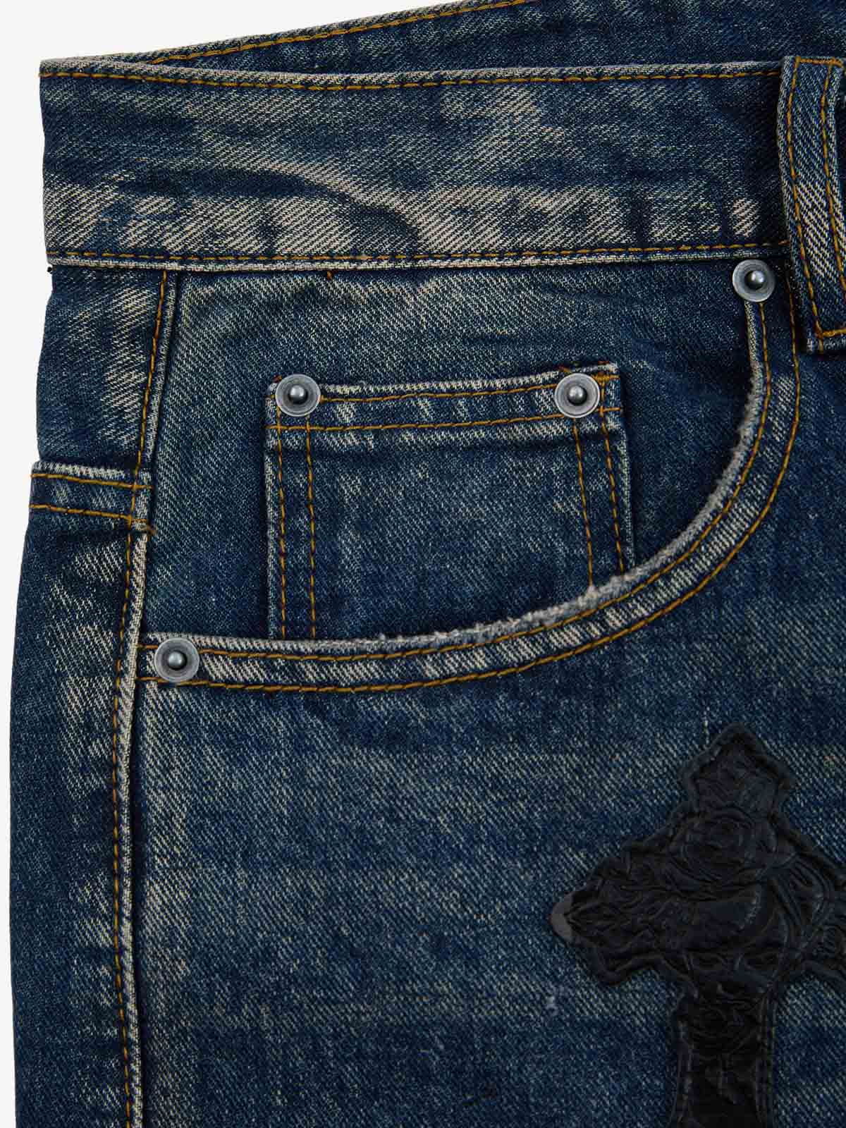Distressed Cross Patchwork Washed Baggy Jeans 