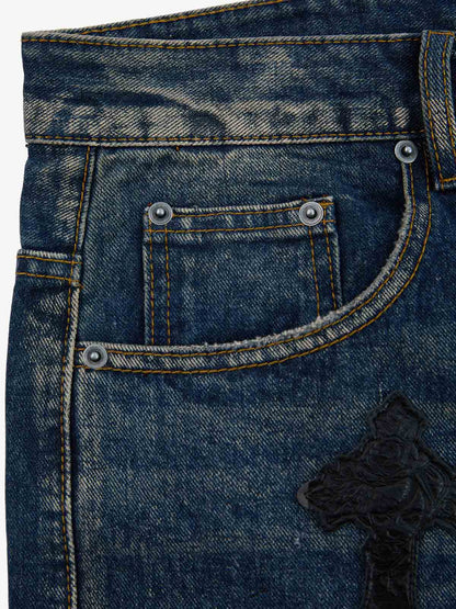 Distressed Cross Patchwork Washed Baggy Jeans 