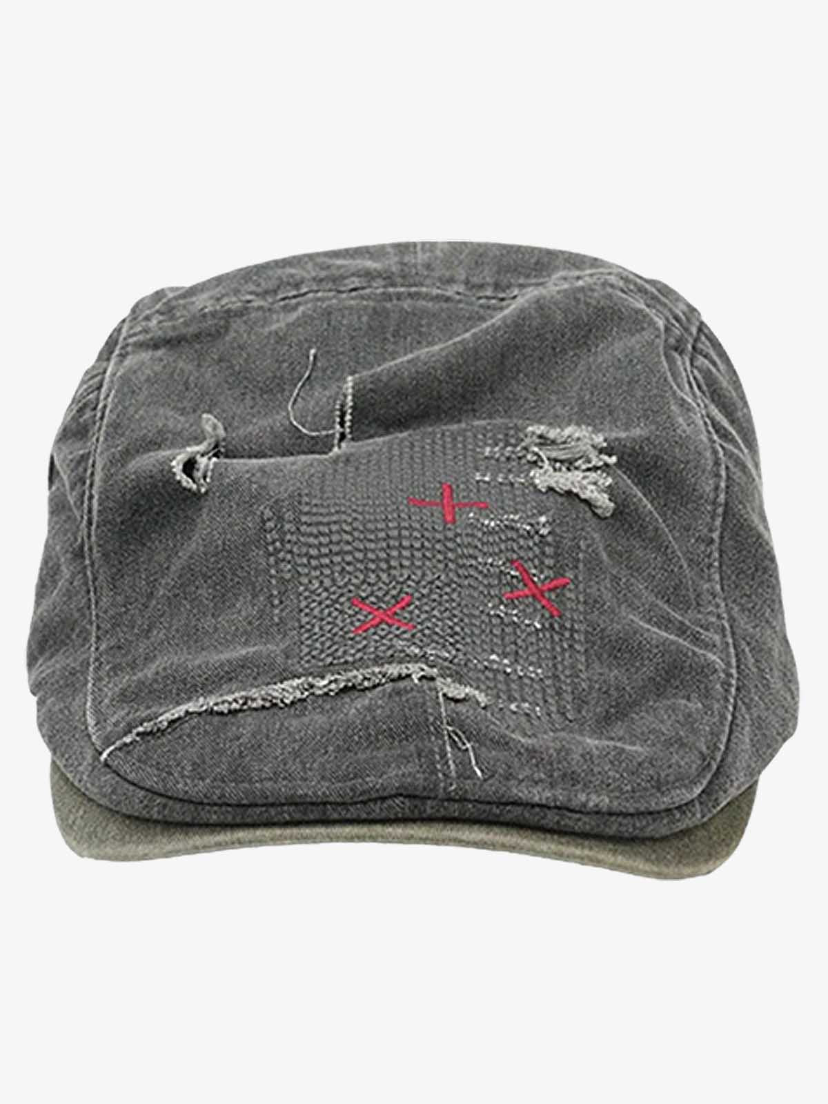 Distressed Patchwork Embroidered Cotton Flat Cap 