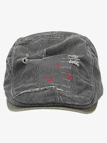 Distressed Patchwork Embroidered Cotton Flat Cap 