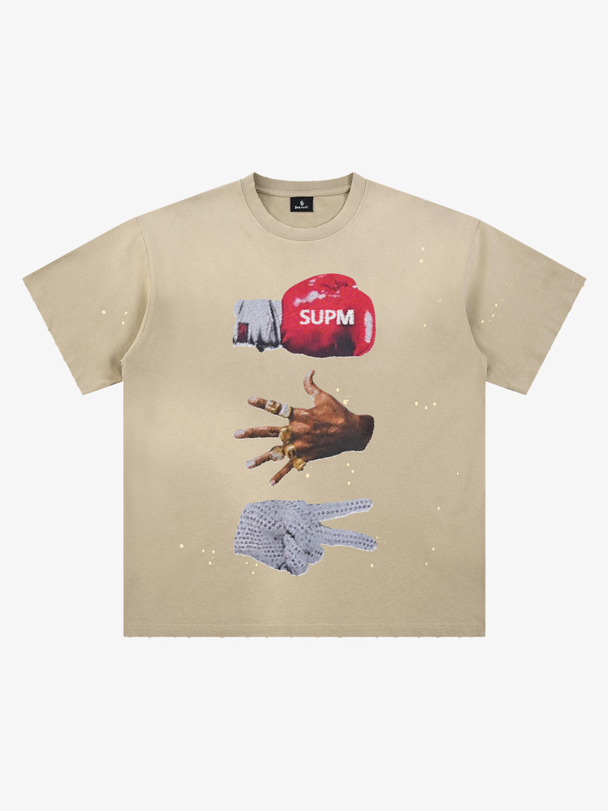 Black Distressed Graphic Tee with Boxing Glove Print – Oversized Streetwear T-Shirt