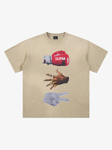 Black Distressed Graphic Tee with Boxing Glove Print – Oversized Streetwear T-Shirt