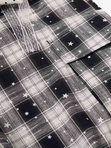 Star Print Plaid Shirt with Tulle Trim – Relaxed Fit Layered Streetwear
