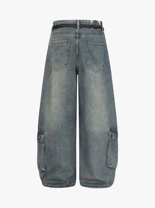 Braided Drawstring Waist Patchwork Cargo Jeans 