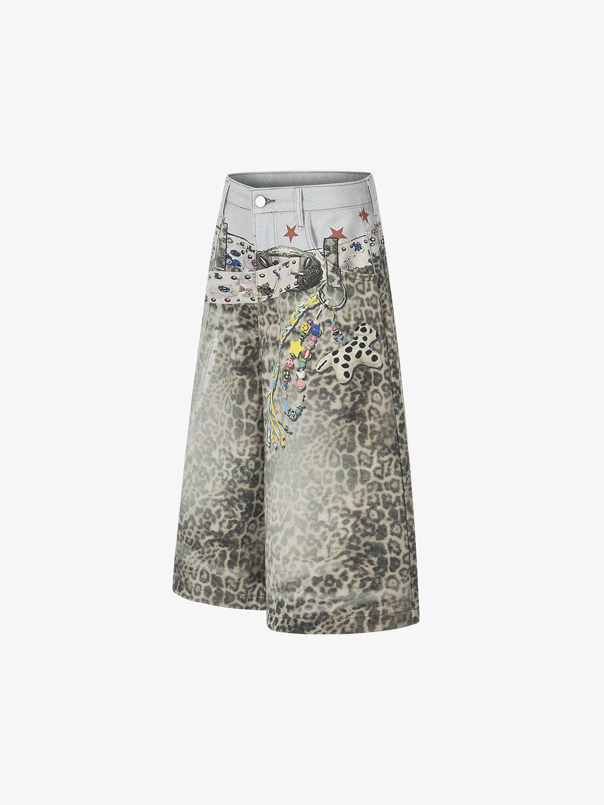 Charm Detail Leopard Denim Shorts