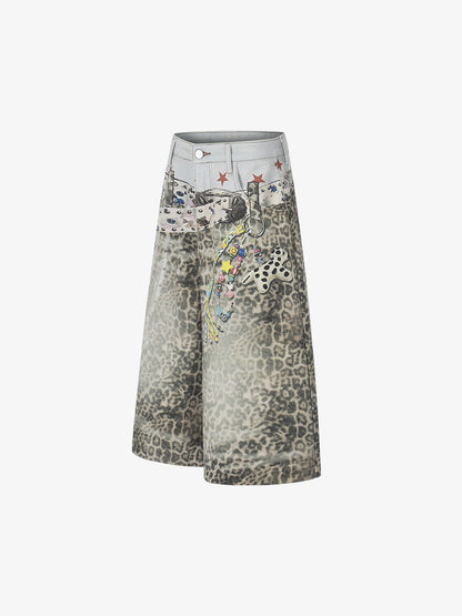 Charm Detail Leopard Denim Shorts
