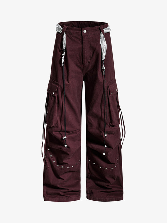 Bandana Waist Strap Multi-Pocket Cotton Cargo Pants 