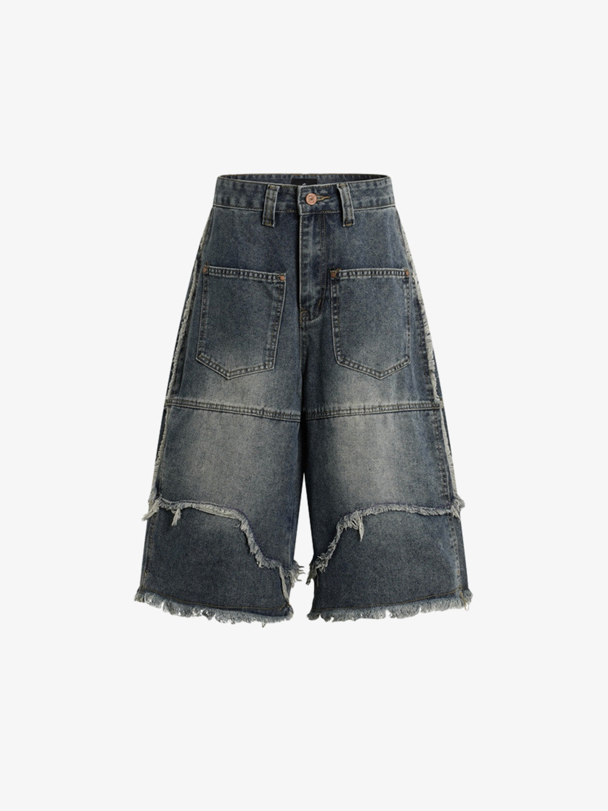 Frayed Layered Paneled Denim Jorts