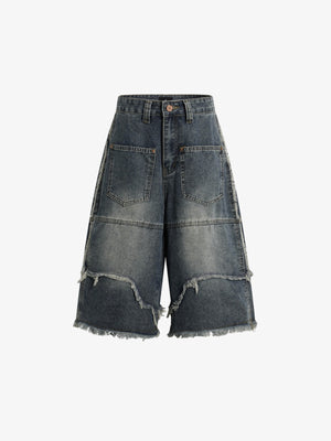 Frayed Layered Paneled Denim Jorts