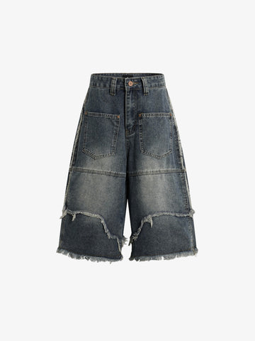Frayed Layered Paneled Denim Jorts