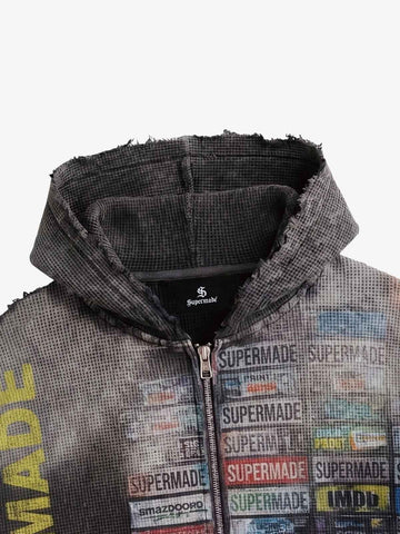 Distressed Multi-Label Graphic Sleeveless Zip Hoodie 