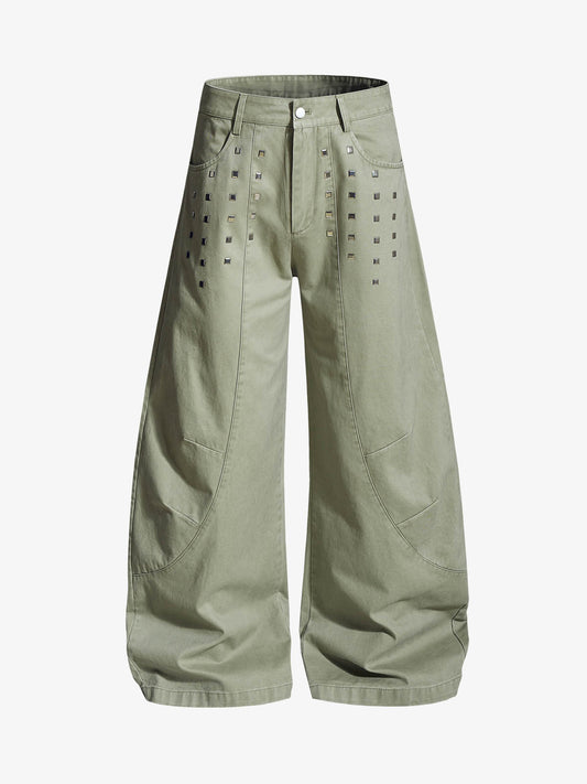Heavy-Duty Studded Curved Wide-Leg Pants