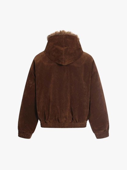 Streetwear Metal Clip Faux Fur Hooded Suede Bomber Jacket - 2597 