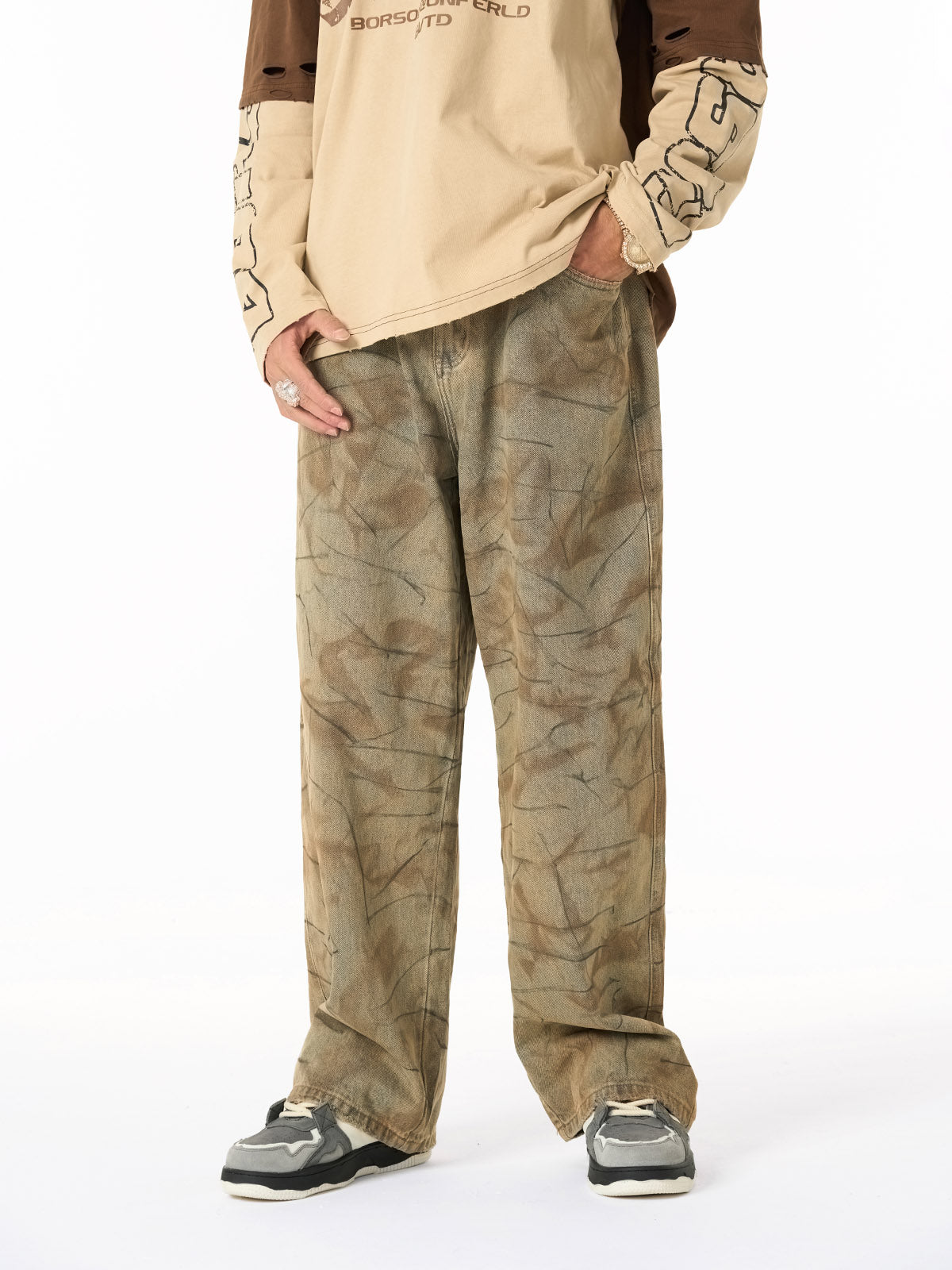 Vintage Washed Distressed Copper-Dyed Jeans 