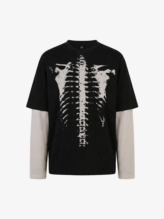 Waffle Knit Skeleton Graphic Layered T-Shirt 