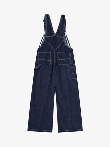 Vintage Contrast Stitch Raw Indigo Denim Wide-Leg Overalls 