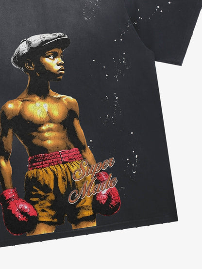 Black Oversized Graphic T-Shirt – 100% Cotton Distressed Boxing Print Streetwear Tee