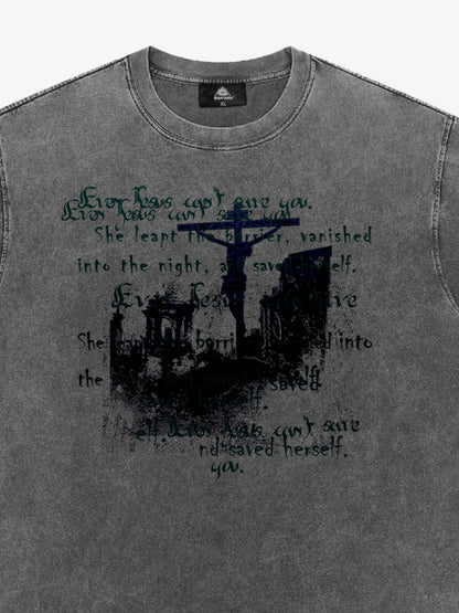 Washed Cross Overlay Text Graphic T-Shirt 