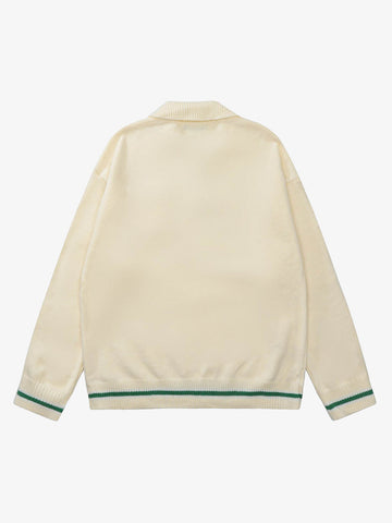 Retro Striped Contrast Panel Button-Up Collar Sweater 