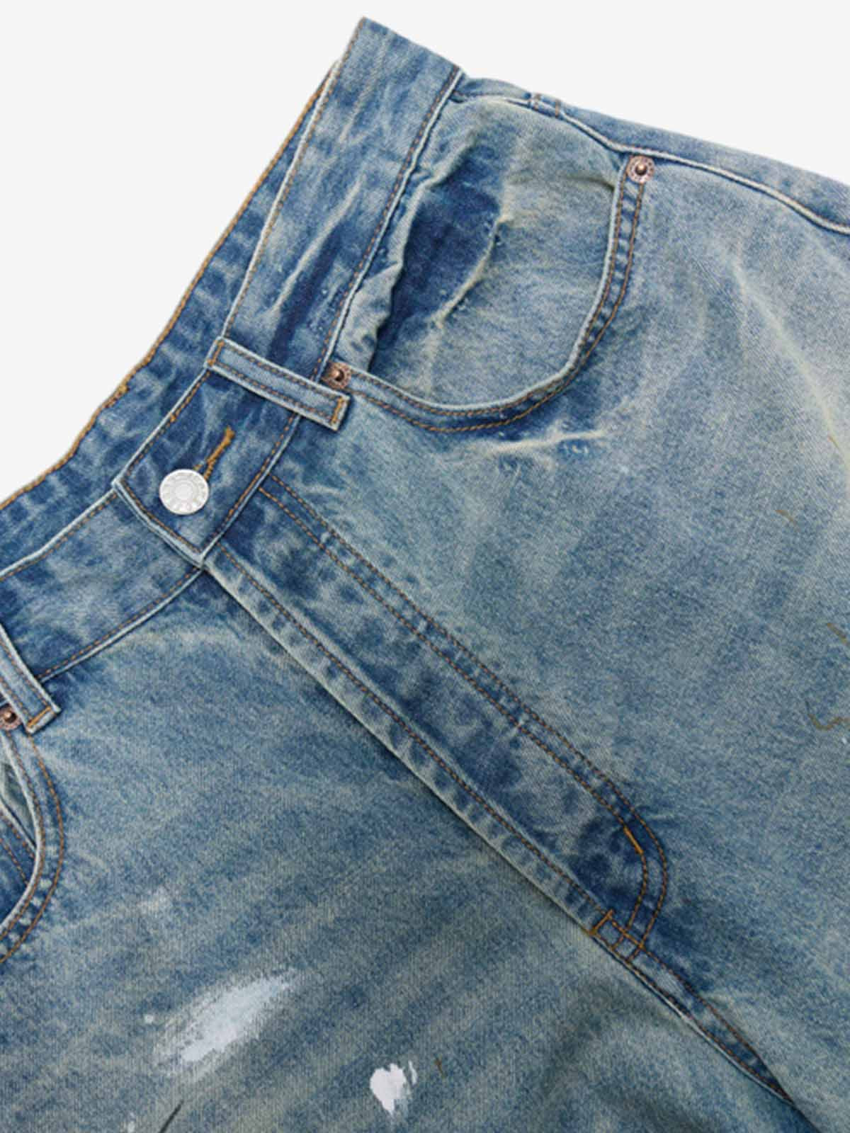 Washed Distressed Ink-Splashed Denim Shorts 