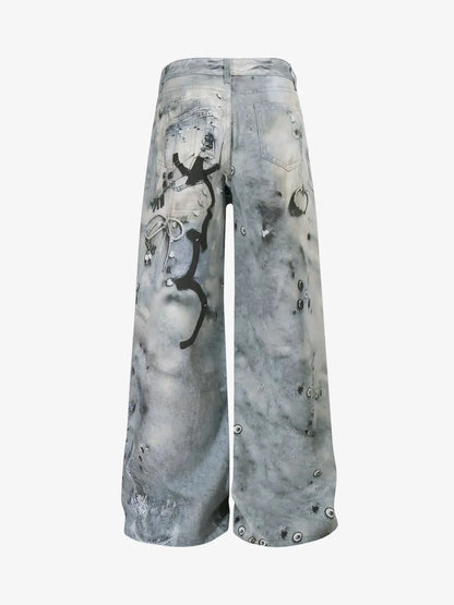 Abstract 3D Digital Print Wide-Leg Jeans 