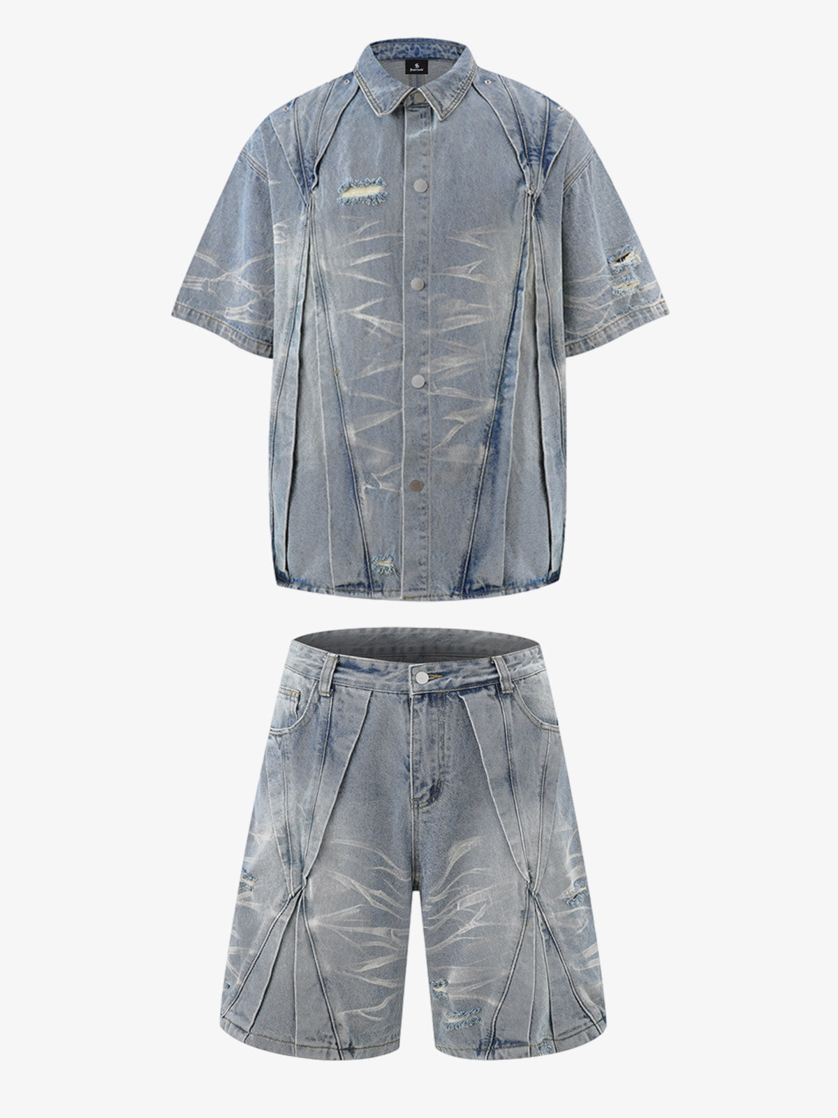 Washed Black Branch Print Deconstructed Denim Set 