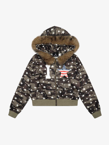 Camo Star Print Faux Fur Cropped Zip-Up Hoodie