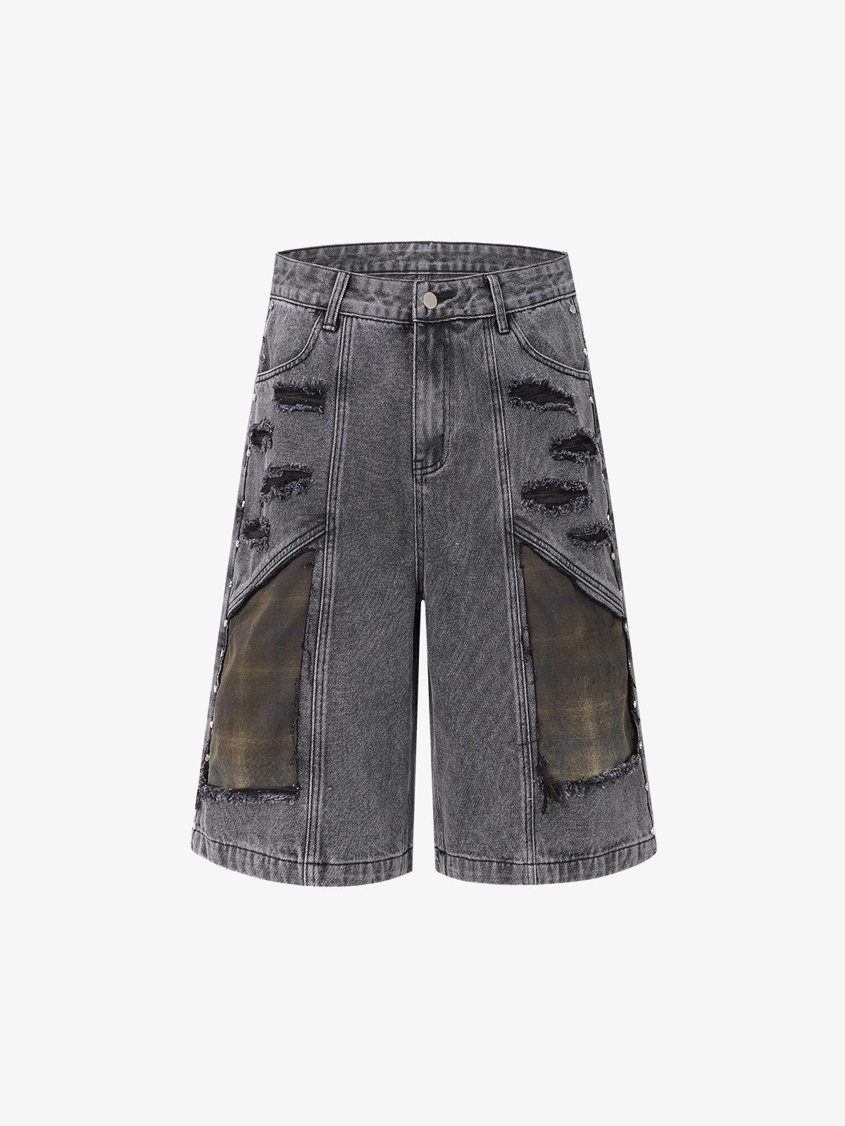 Retro Washed Plaid-Paneled Distressed Denim Set 