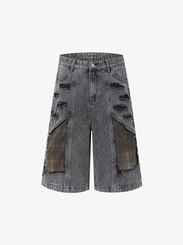 Retro Washed Plaid-Paneled Distressed Denim Set 