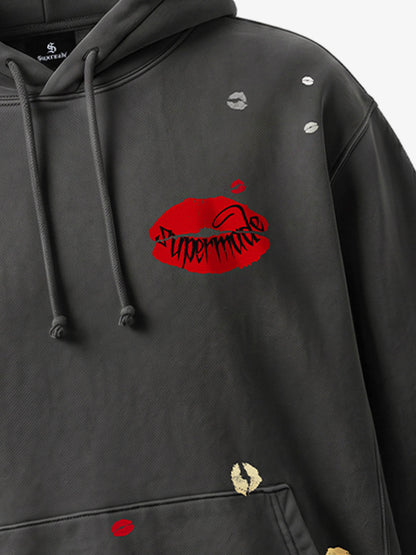 Fleece Cotton Blend Hoodie with Lip Print Embroidery