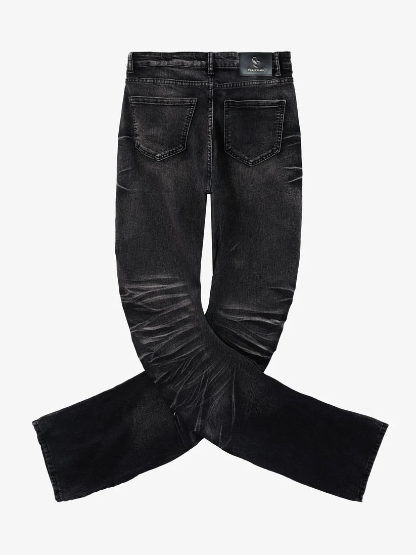 Vintage Distressed Button Fly Ruched Panel Flared Jeans