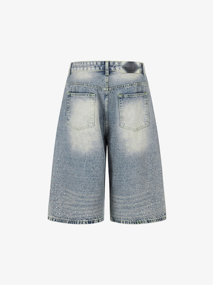 Rhinestone Distressed Denim Bermuda Shorts – Wide-Leg Cotton Streetwear Shorts