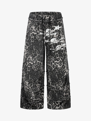 Leopard Print Cropped Pants – Wide-Leg Cotton Blend with Raw Hem