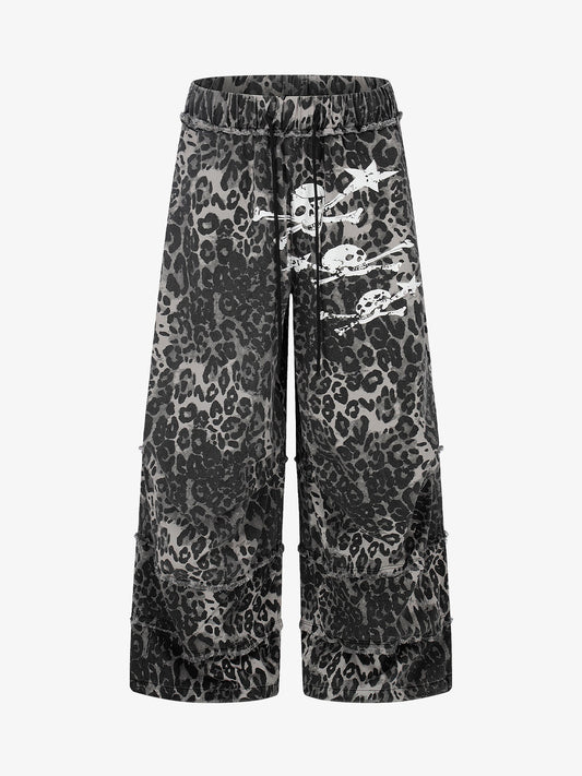 Leopard Print Cropped Pants – Wide-Leg Cotton Blend with Raw Hem