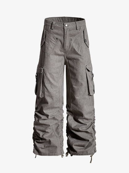 Washed Cotton Multi-Pocket Ruched Cargo Pants 