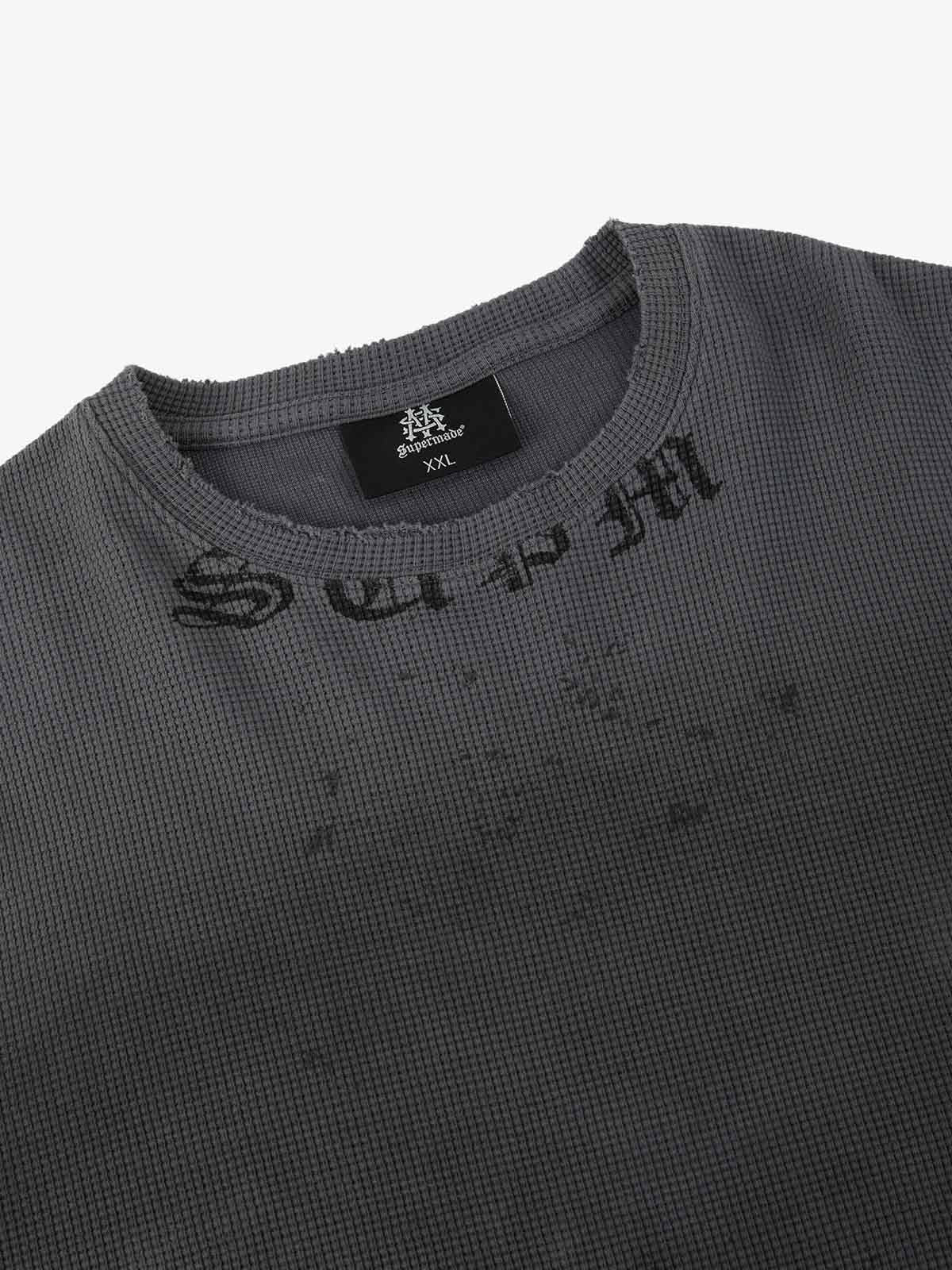 Waffle-Knit Distressed Gradient Print Long T-Shirt 