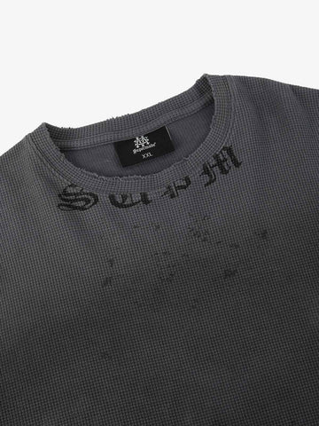 Waffle-Knit Distressed Gradient Print Long T-Shirt 