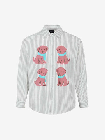Striped Puppy Graphic Cotton Linen Shirt 